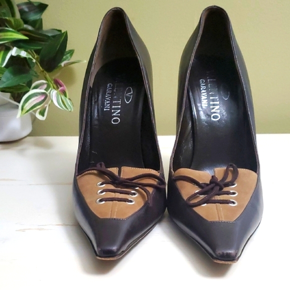 Valentino Garavani | Brown Leather and Suede Pumps with Laces Sz 37 - Picture 3 of 11